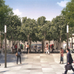 Early rendering, looking from existing fountain to facade: Bohlin Cywinski Jackson